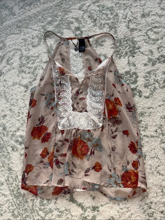 BKE Tops - BKE Beige Floral Lace-Trim Halter Camisole